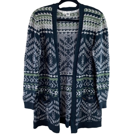 Roxy Blue Green Gray Aztec Tribal Long Line Boyfriend‎ Open Cardigan Size M/L - Picture 1 of 8
